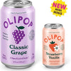 Can of OLIPOP Classic Grape soda with a purple grape illustration and a can of OLIPOP Strawberry Vanilla soda.