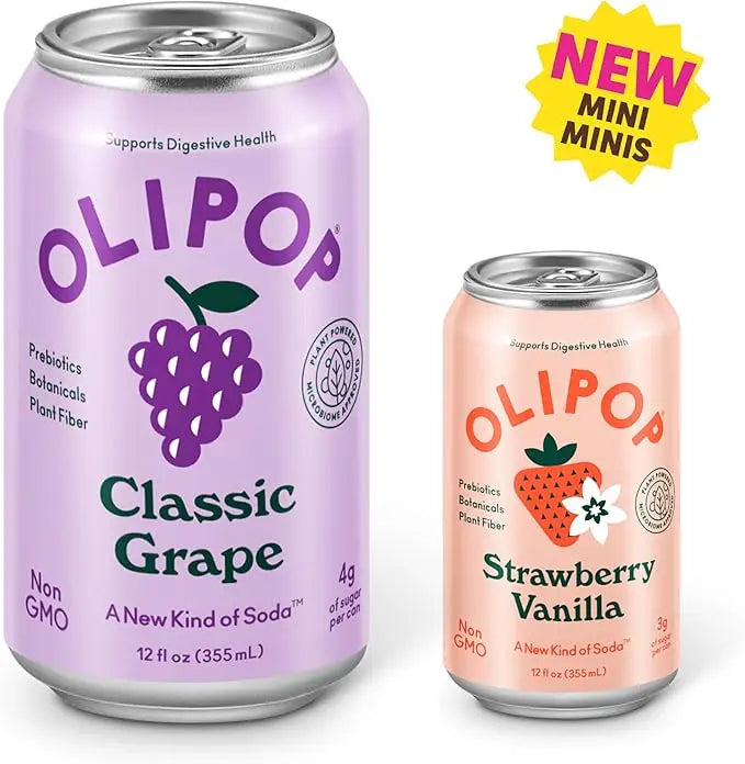 Can of OLIPOP Classic Grape soda with a purple grape illustration and a can of OLIPOP Strawberry Vanilla soda.