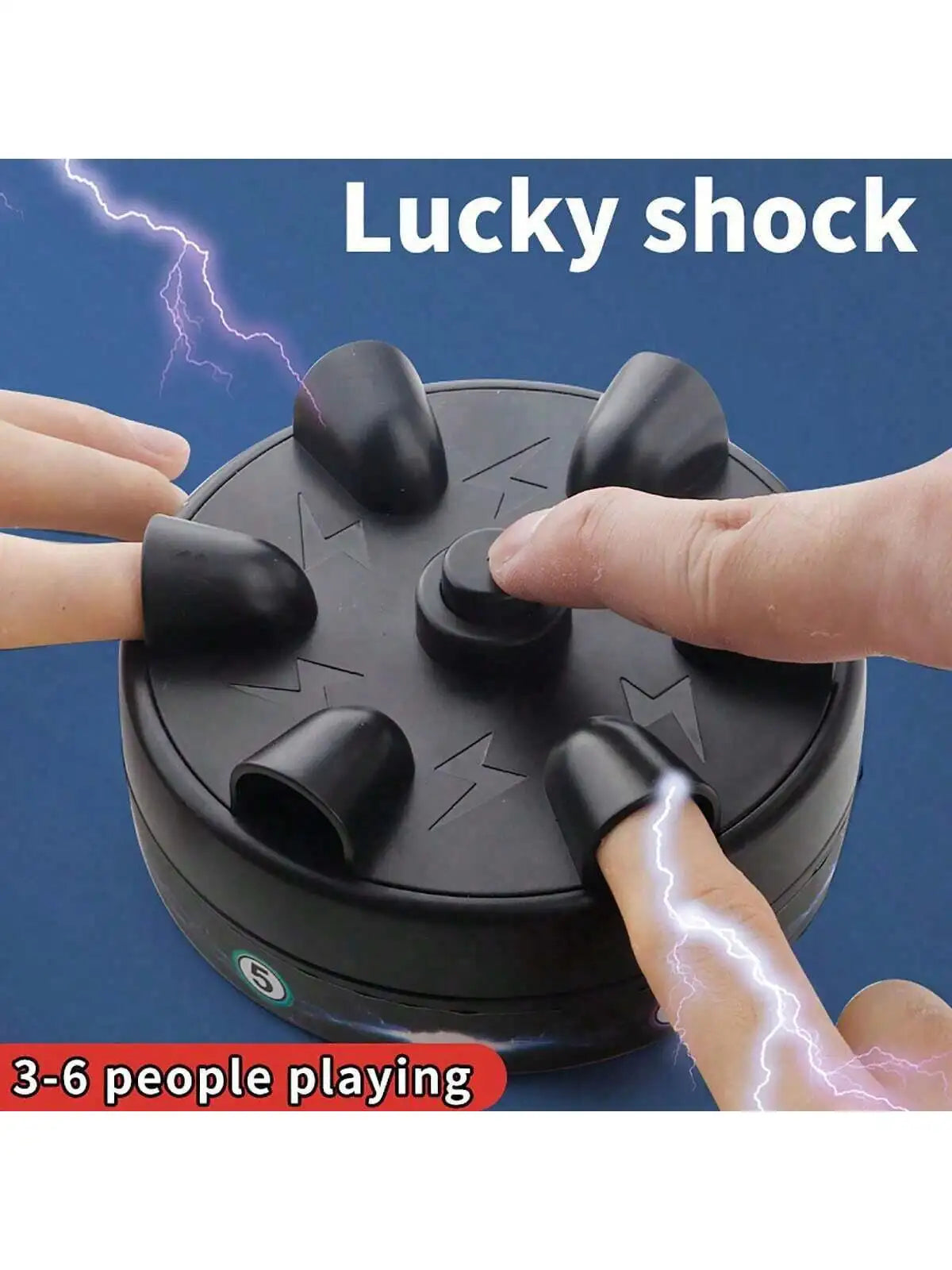 A hand is playing a black electric shock game with lightning effects, demonstrating the lucky shock party game.