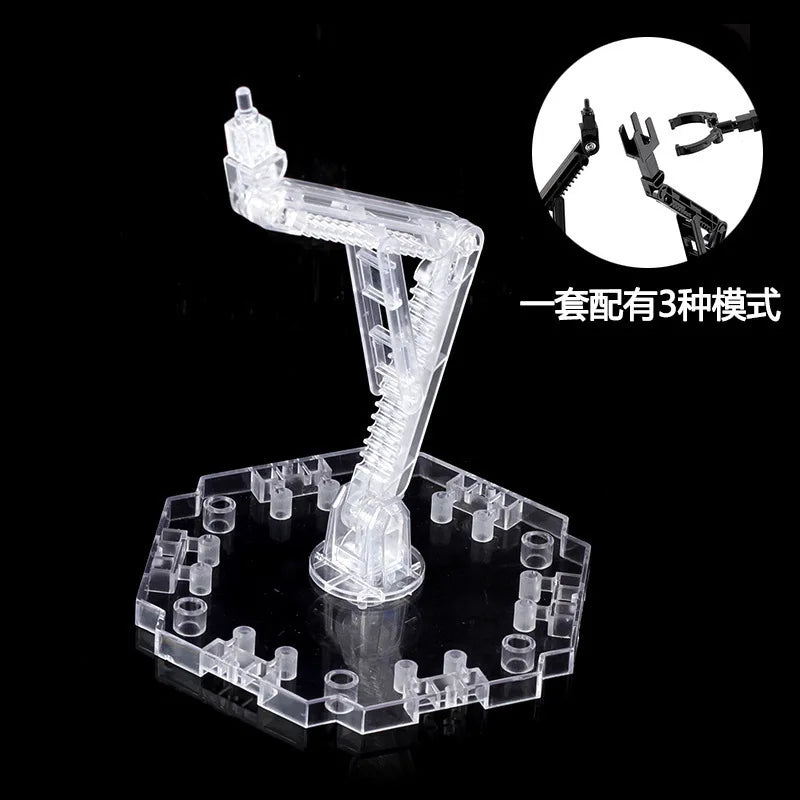 Clear acrylic adjustable snake bone stand for action figures and models shown with three different modes