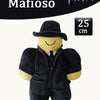 A black plush toy resembling a mafioso character with a fedora and suit jacket.