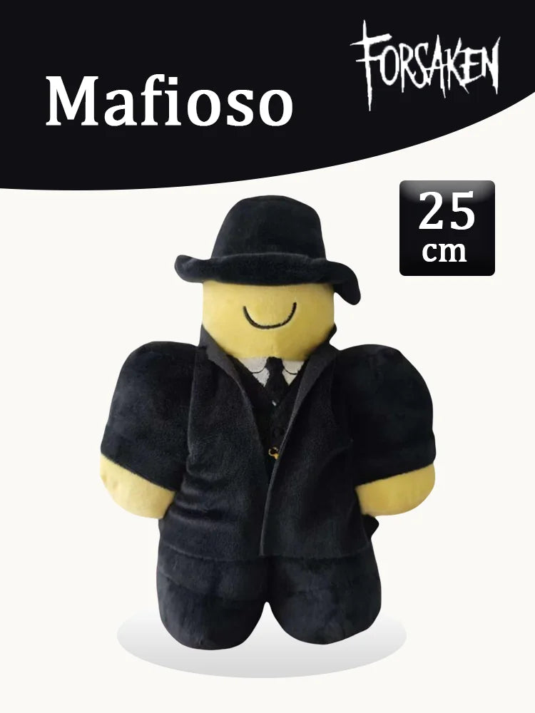 A black plush toy resembling a mafioso character with a fedora and suit jacket.