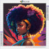 A vibrant diamond painting of an African woman with voluminous curly hair and gold accents against a colorful background.