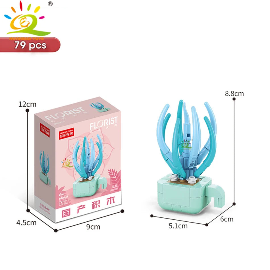 A set of 79 flower succulent building blocks in light green and blue for desktop plant decor.