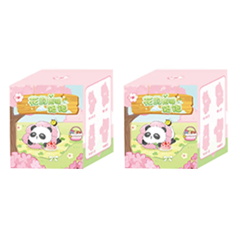 A pink blind box featuring a cute panda collectible figure and decorative elements.