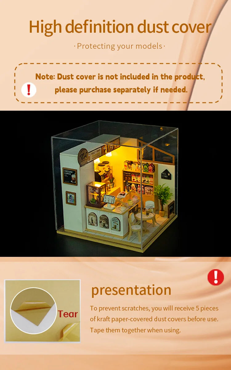 A clear acrylic miniature coffee shop house display with various wooden and paper elements for a DIY dollhouse kit.