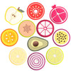 A collection of colorful silicone baby teether shapes, including apple, watermelon, star, orange, avocado, and lemon slices.