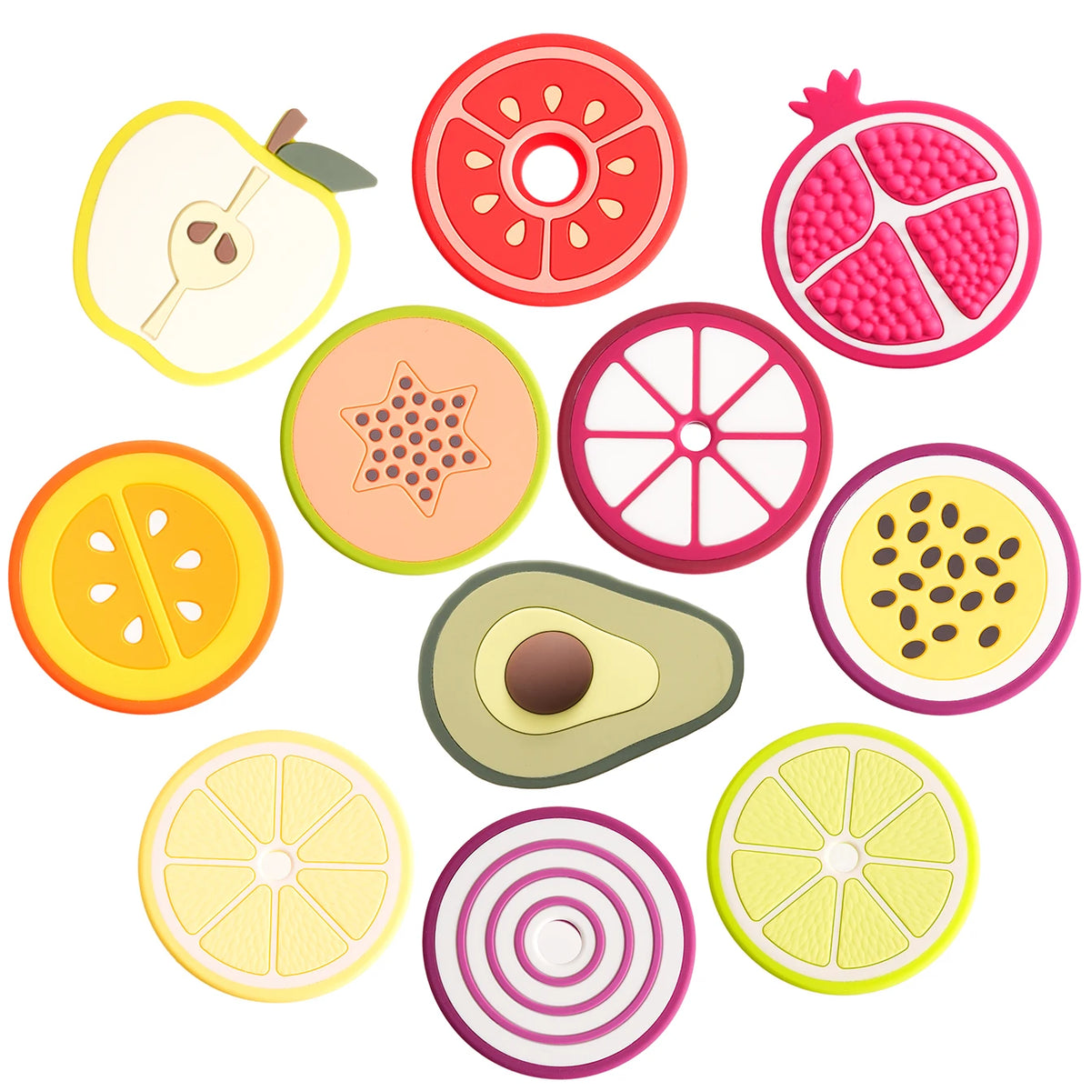 A collection of colorful silicone baby teether shapes, including apple, watermelon, star, orange, avocado, and lemon slices.