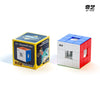 A yellow box labeled QY SpeedCube is shown next to a disassembled red and blue 3x3 cube puzzle.