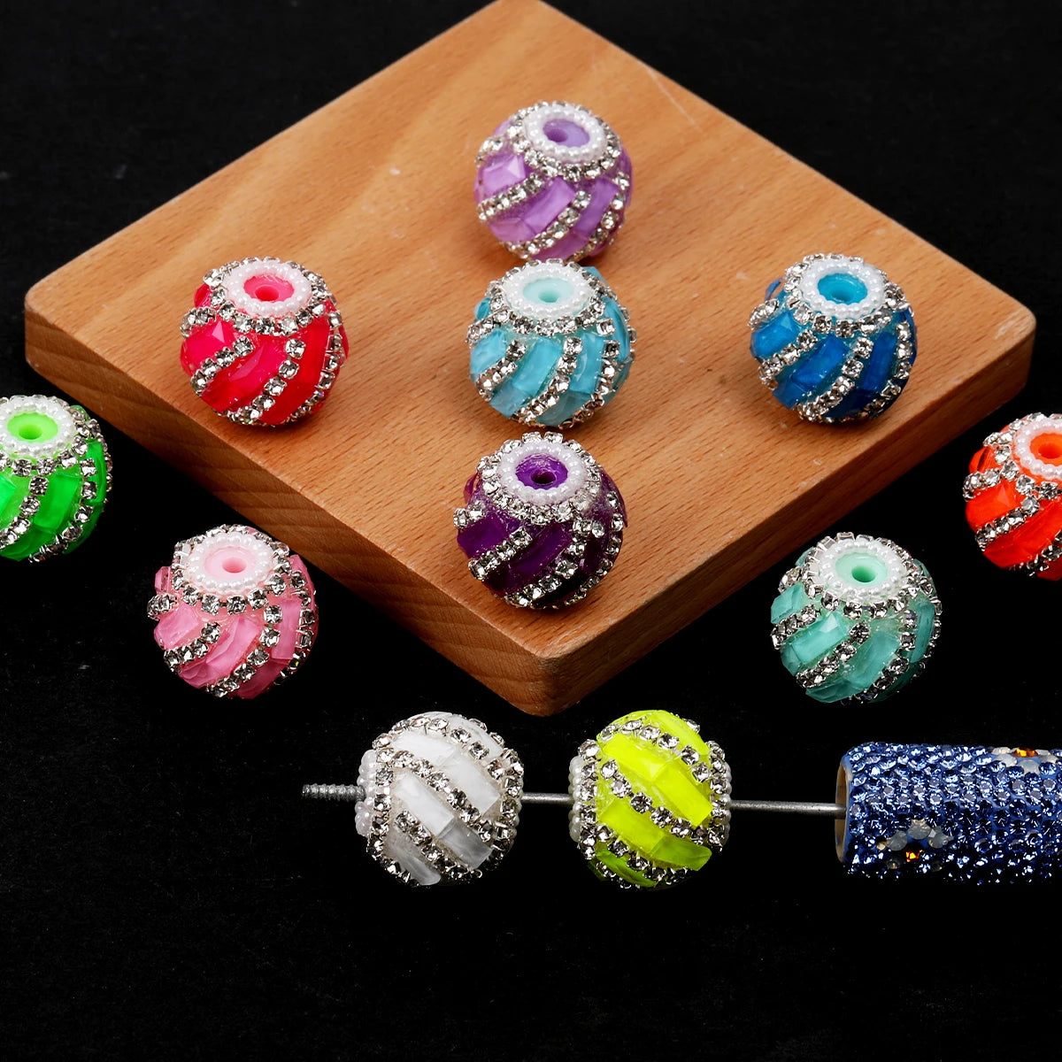 Striped Rhinestone Acrylic Beads for DIY Jewelry Making
