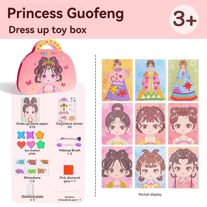 Princess Guofeng dress up toy box containing paper, stickers, eyeshadow, brush plate, and rhinestone pen