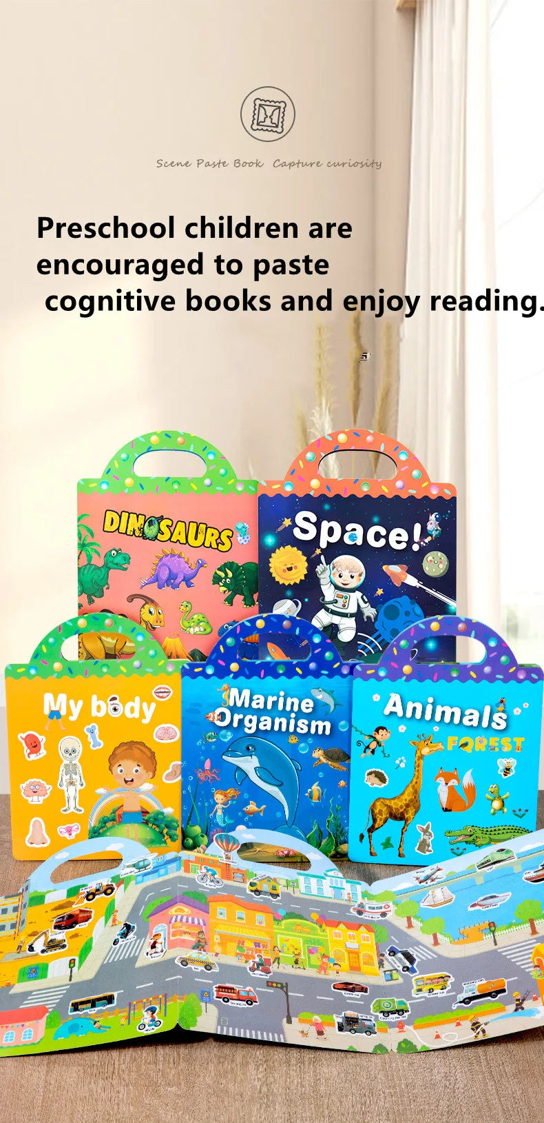 A colorful reusable cartoon sticker book featuring dinosaur, space, and animal scenes for preschool children.