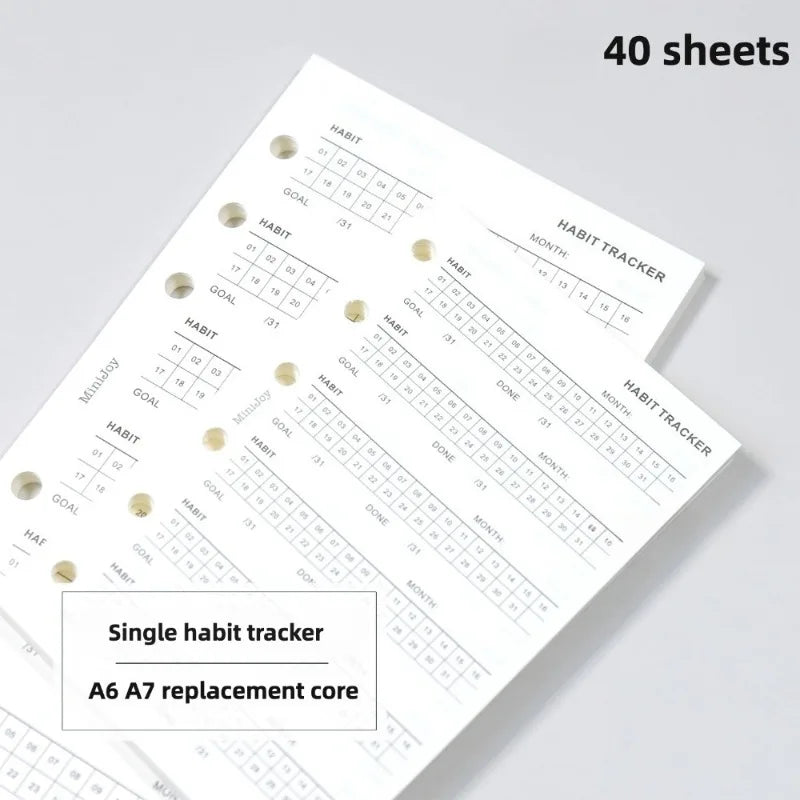 40 sheets of habit tracker refill pages for A6/A7/M5 planners