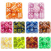 A collection of ten marble effect acrylic D6 dice in various colors including orange, pink, blue, and green.