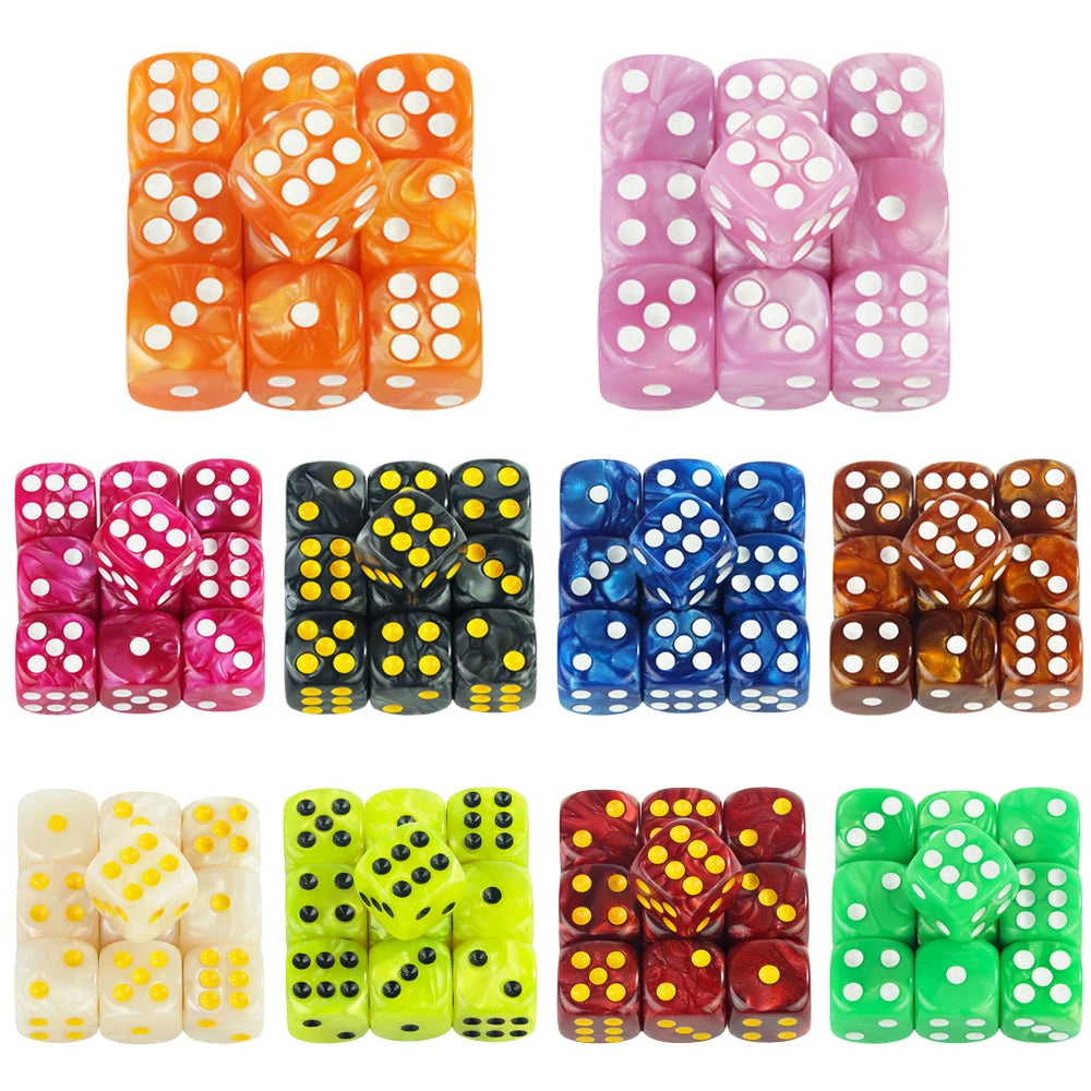 A collection of ten marble effect acrylic D6 dice in various colors including orange, pink, blue, and green.