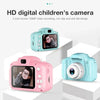 A pink and light blue digital children's camera with a 2 inch screen shown in various angles.