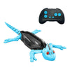 A blue wall-climbing RC gecko toy with black armor and glowing red eyes, shown alongside its remote control.