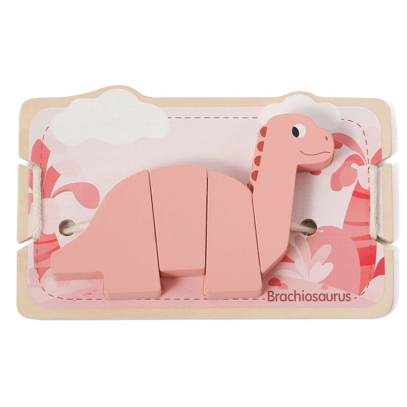 A pink wooden Brachiosaurus dinosaur toy set for threading and stacking.