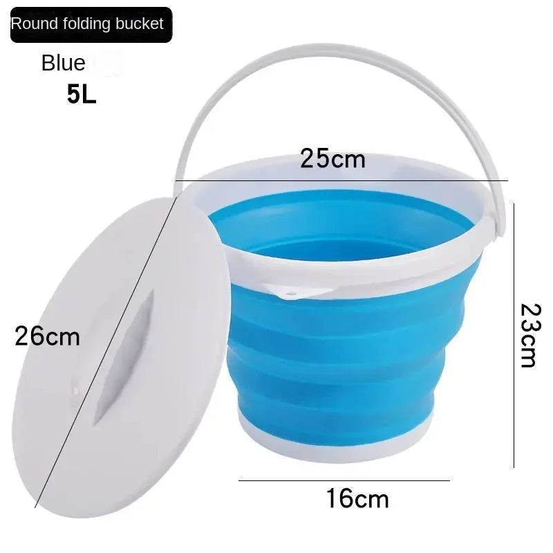 Blue 5L round folding bucket with a white lid shown next to the bucket.