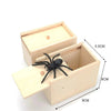 A wooden prank can with a realistic black spider design inside, showing its dimensions.