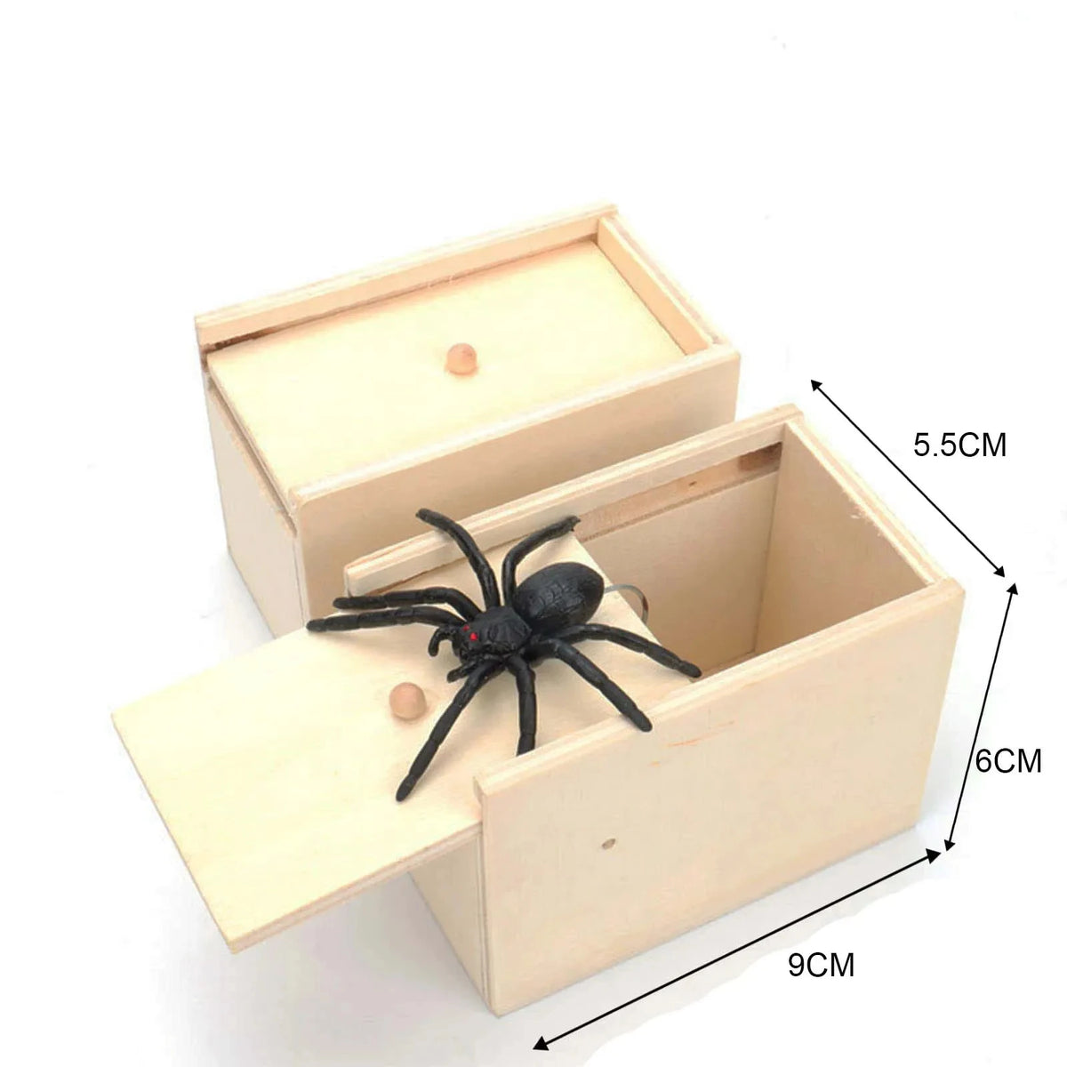A wooden prank can with a realistic black spider design inside, showing its dimensions.