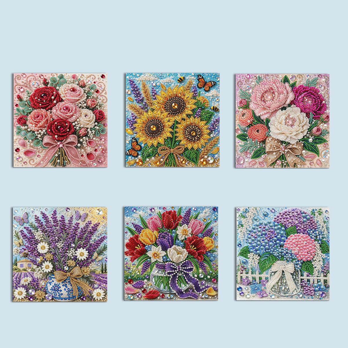 A collection of three floral paintings in various colors and styles, featuring roses, sunflowers, and other blooms.