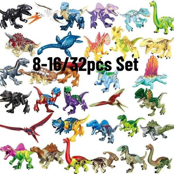 Ein Set Dinosaurier-Bausteine mit Velociraptor, T-Rex und weiteren Dinosauriern.