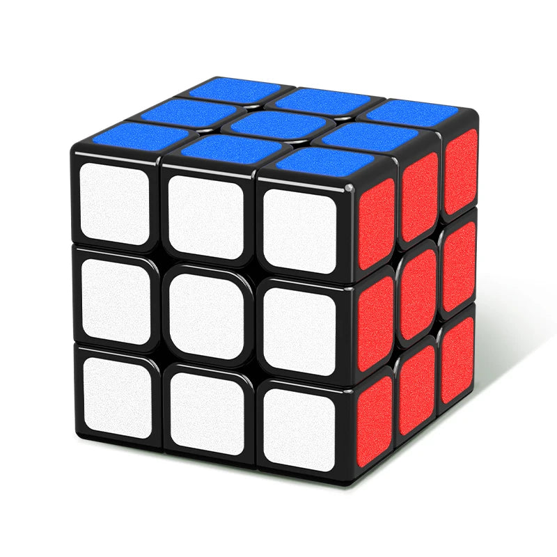 A 3x3 magic cube puzzle with black, blue, and red faces shown from an angle.