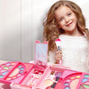 A smiling girl holds a pink makeup kit with various cosmetic tools and palettes for pretend play.