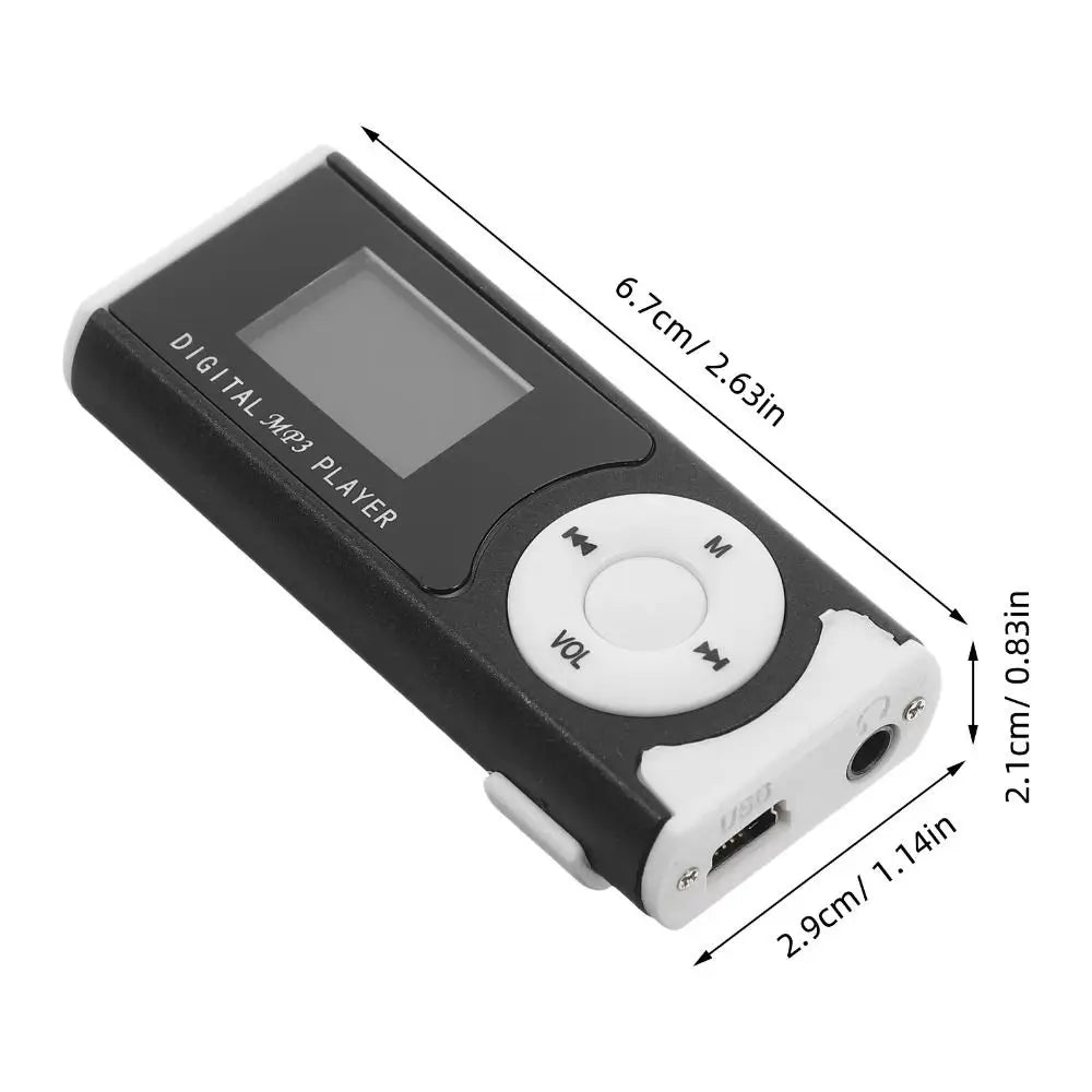 Schwarzer tragbarer digitaler MP3-Player mit Abmessungen und Bedienelementen.