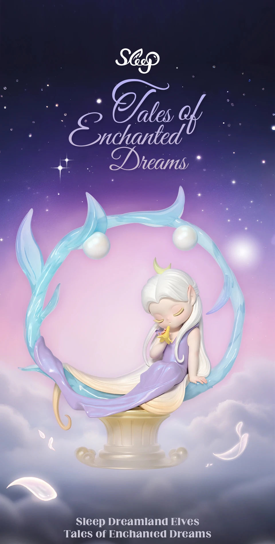 A fantasy illustration of a sleeping elf with glowing blue wings surrounded by stars and clouds.