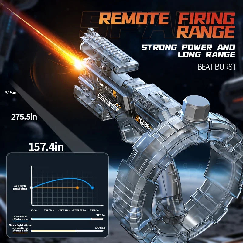 A silver remote firing range device is shown with a water gun component and a circular target ring.