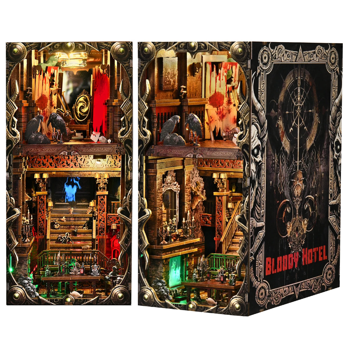 A detailed diorama kit of a haunted hotel interior featuring wooden structures and spooky decor.