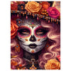 A detailed diamond painting kit featuring a skull face adorned with vibrant flowers and jewels.