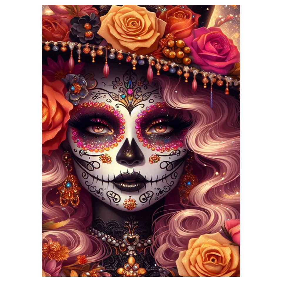 A detailed diamond painting kit featuring a skull face adorned with vibrant flowers and jewels.