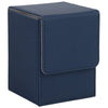 A dark blue premium leather deck box with a hinged lid for storing trading cards.