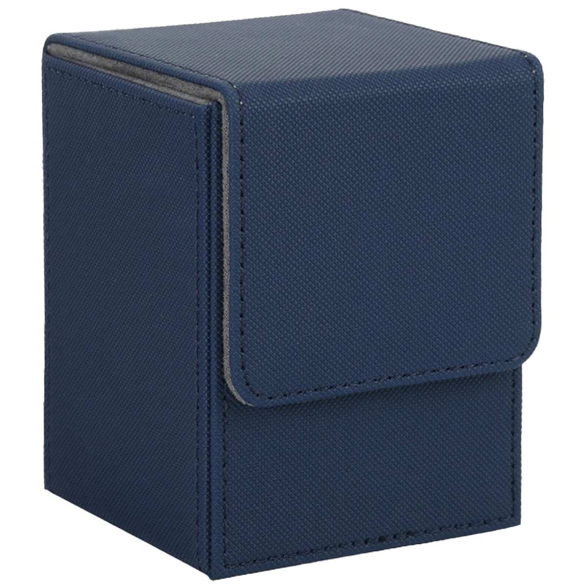 A dark blue premium leather deck box with a hinged lid for storing trading cards.