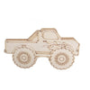 A wooden monster truck cutout for DIY crafts, featuring a rugged body and large tires.