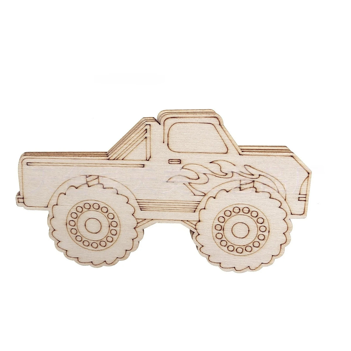 A wooden monster truck cutout for DIY crafts, featuring a rugged body and large tires.