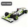 A static version of a white and lime green 1:8 scale formula racing car building set on a white base.