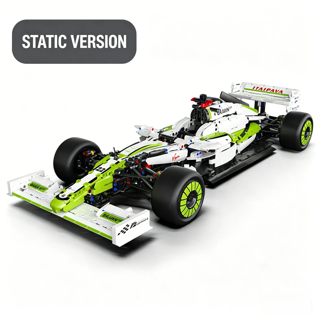 A static version of a white and lime green 1:8 scale formula racing car building set on a white base.