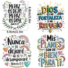 Four designs featuring Spanish Bible verses like Mi Paz Os Dejo and Dios es mi fortaleza for craft stickers