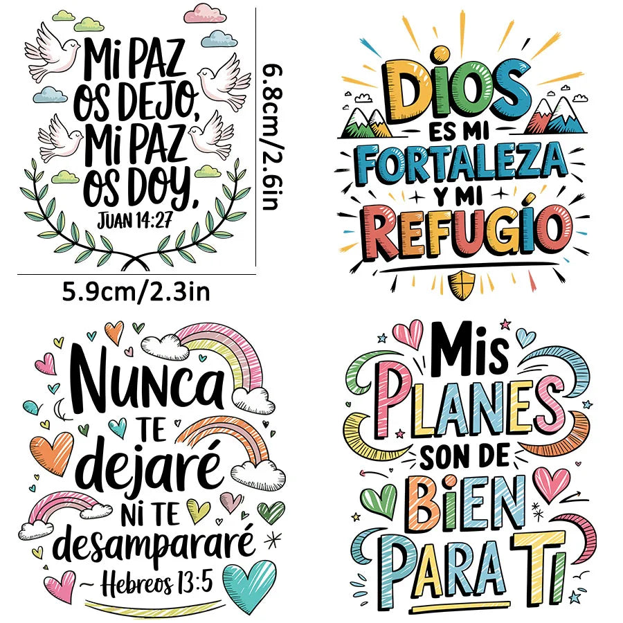 Four designs featuring Spanish Bible verses like Mi Paz Os Dejo and Dios es mi fortaleza for craft stickers
