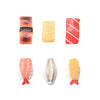 A set of four miniature Japanese sushi rolls including maki, uramaki, and nigiri, displayed against a white background.