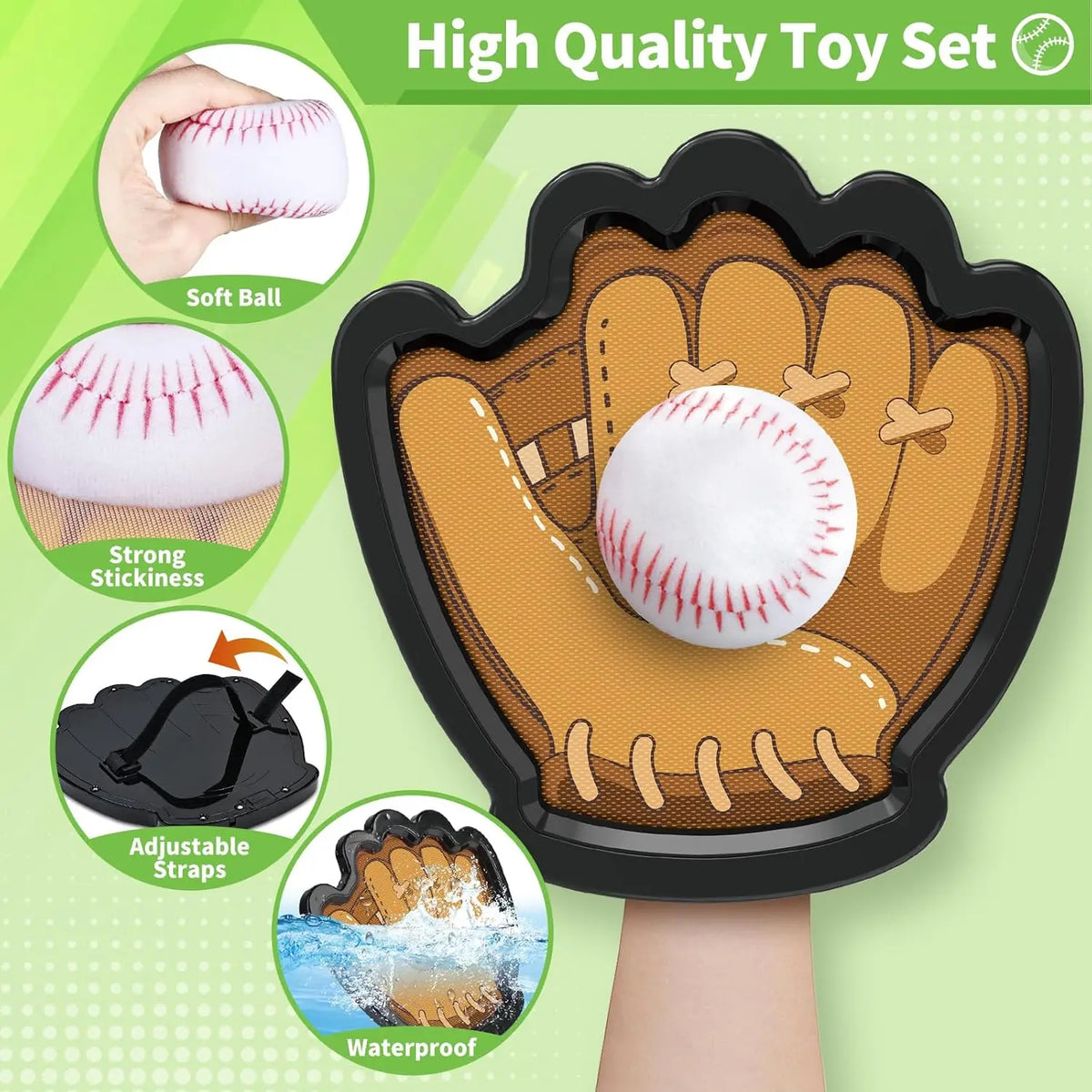 Schwarze Handschuh mit weißer Baseball, zeigt Eigenschaften wie weiche Kugel, starke Haftung, verstellbare Riemen und Wasserb