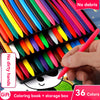 A hand holds a red triangular crayon from a box of 36 vibrant coloring book crayons.