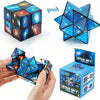 A blue and silver transforming cube puzzle toy shown in various forms, including a geometric star shape and an exploded view.