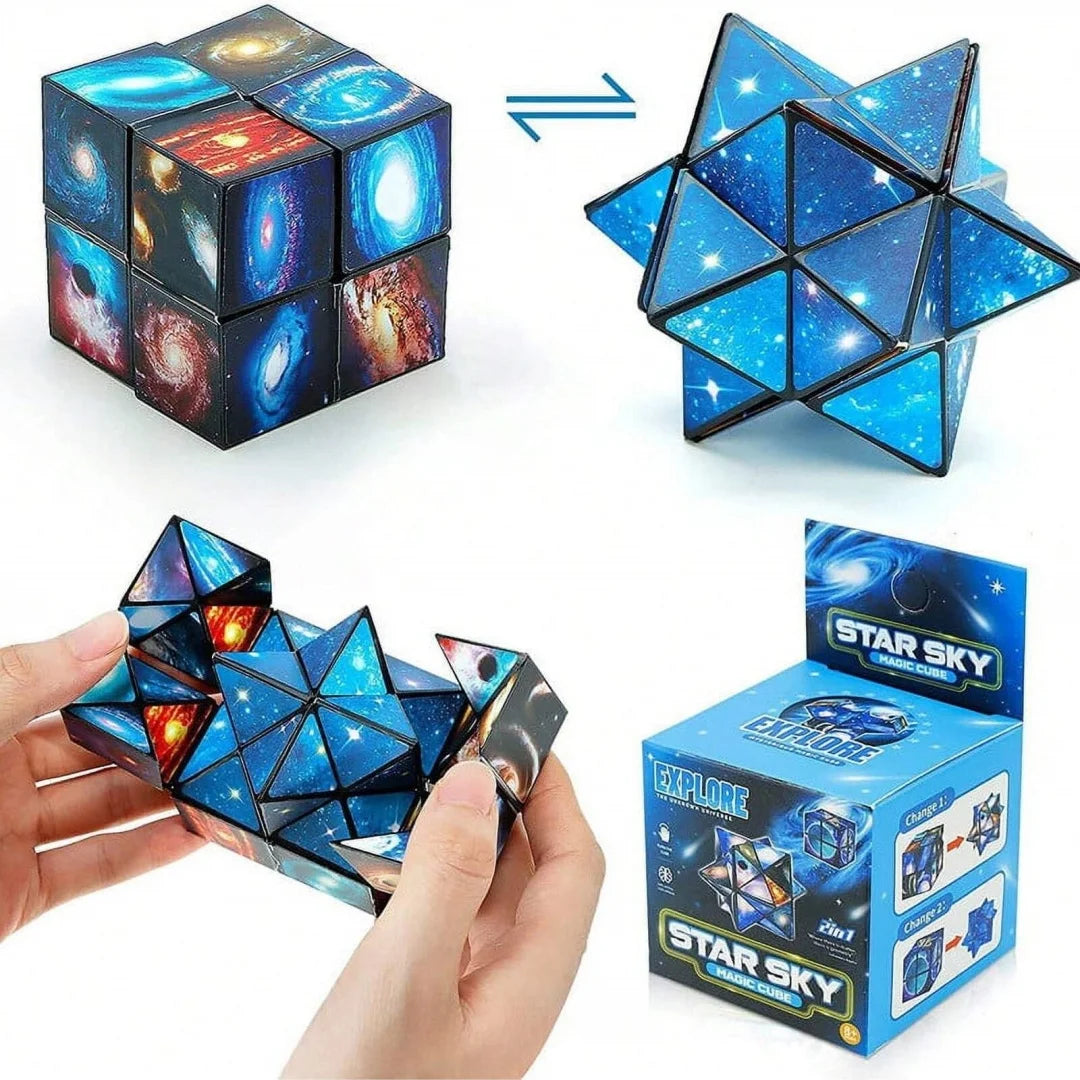 A blue and silver transforming cube puzzle toy shown in various forms, including a geometric star shape and an exploded view.