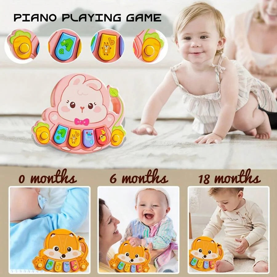 A set of colorful animal musical piano toys for babies, shown with various age groups.