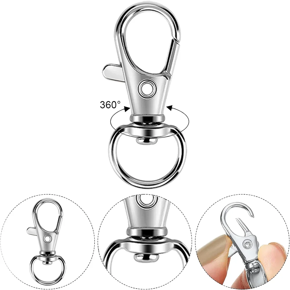 A set of premium metal swivel snap hooks with key rings shown in various angles.